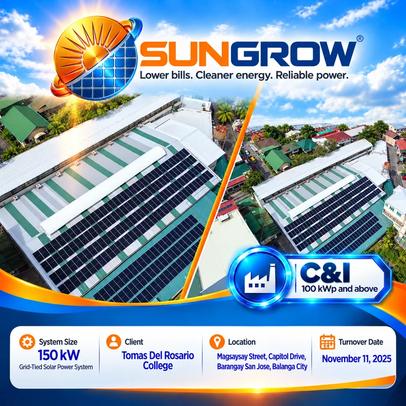 Project turnover flyer: 150 kW grid-tied solar power system for Tomas Del Rosario College, Magsaysay Street, Capitol Drive, Barangay San Jose, Balanga City, turned over November 11, 2025